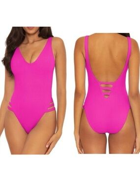 Becca Hot Pink Deep V Plunge One Piece Swimsuit Small Vacation Resort Beach